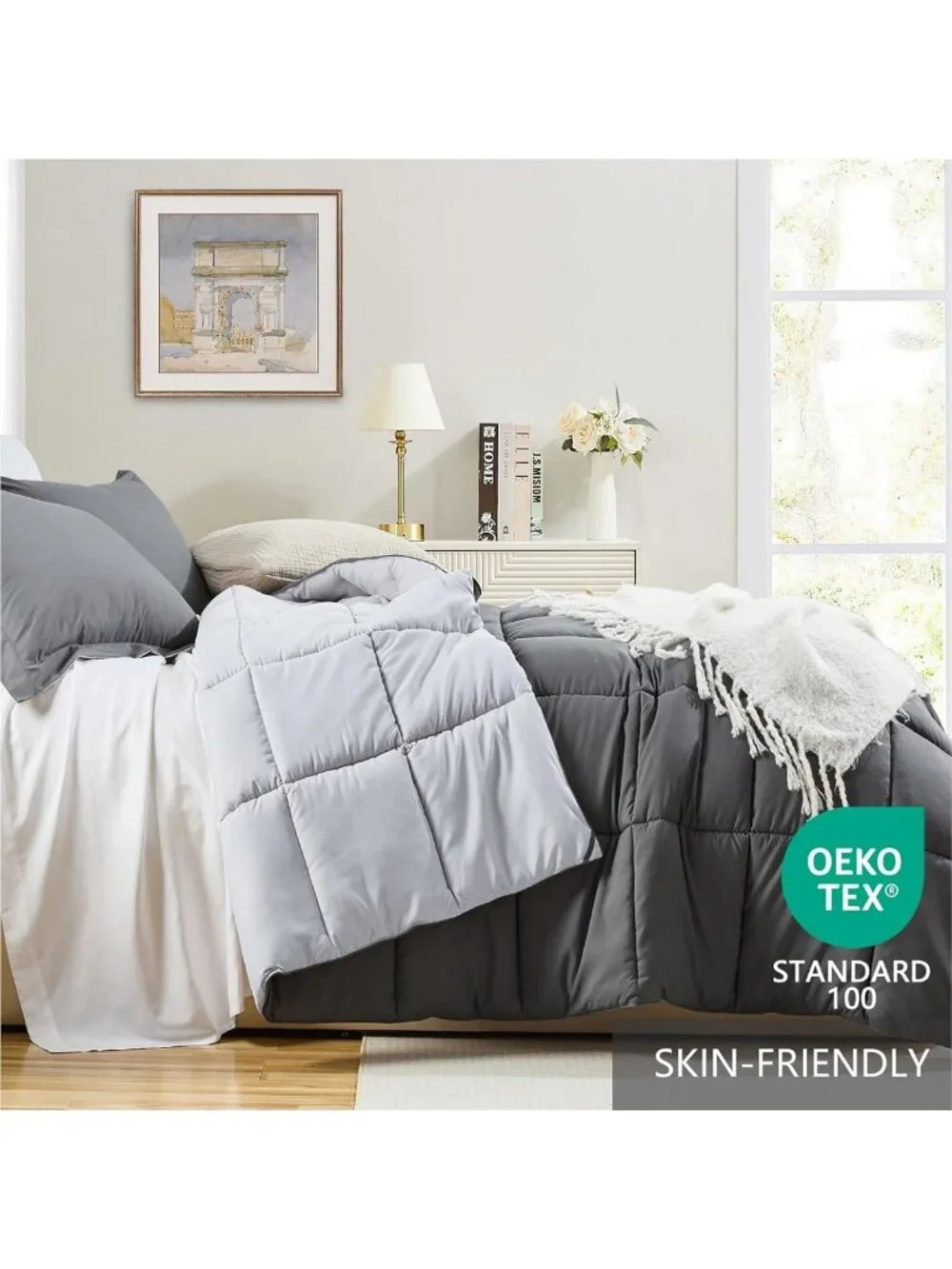 Lightweight Grey California King Comforter Set - Soft Reversible 3 Piece All